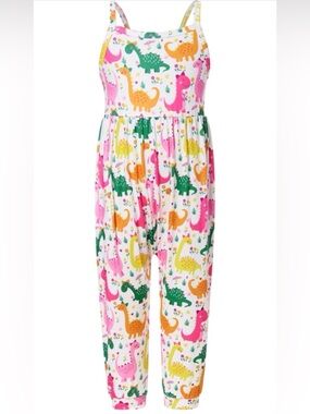 Girls' Dino Print Jumpsuit - White with Pink, Green & Yellow Dinosaurs